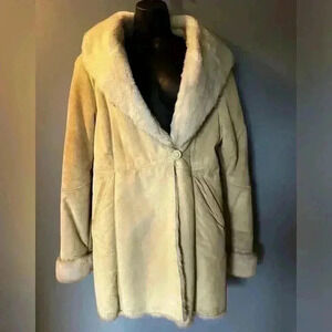 Wilson's Adventure Bound Vtg. Long Tan Suede & Faux Fur Safari Jacket, Sz L Y2K